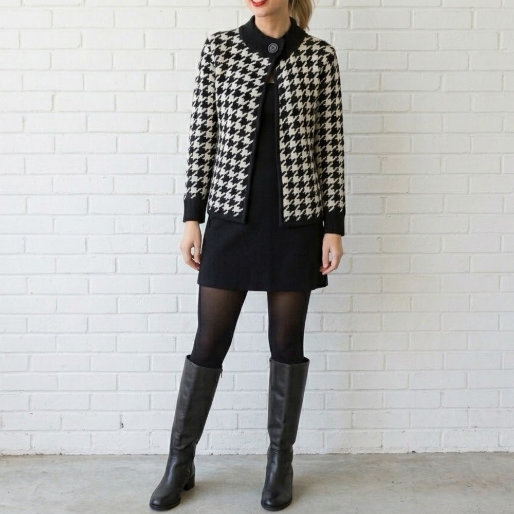 Vintage 90s Black White Houndstooth Knit Cardigan Sweater Cardigan Size Medium - Picture 1 of 11